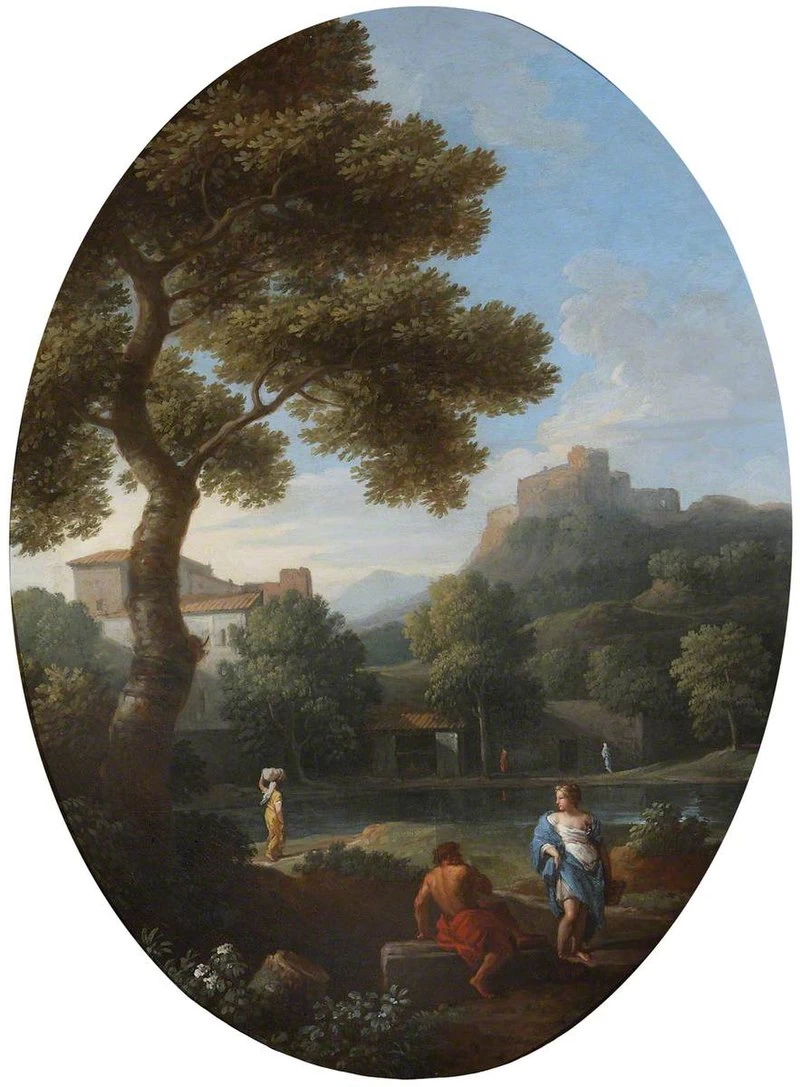 Paesaggio classico con uomo e donna in conversazione e un castello - National Trust